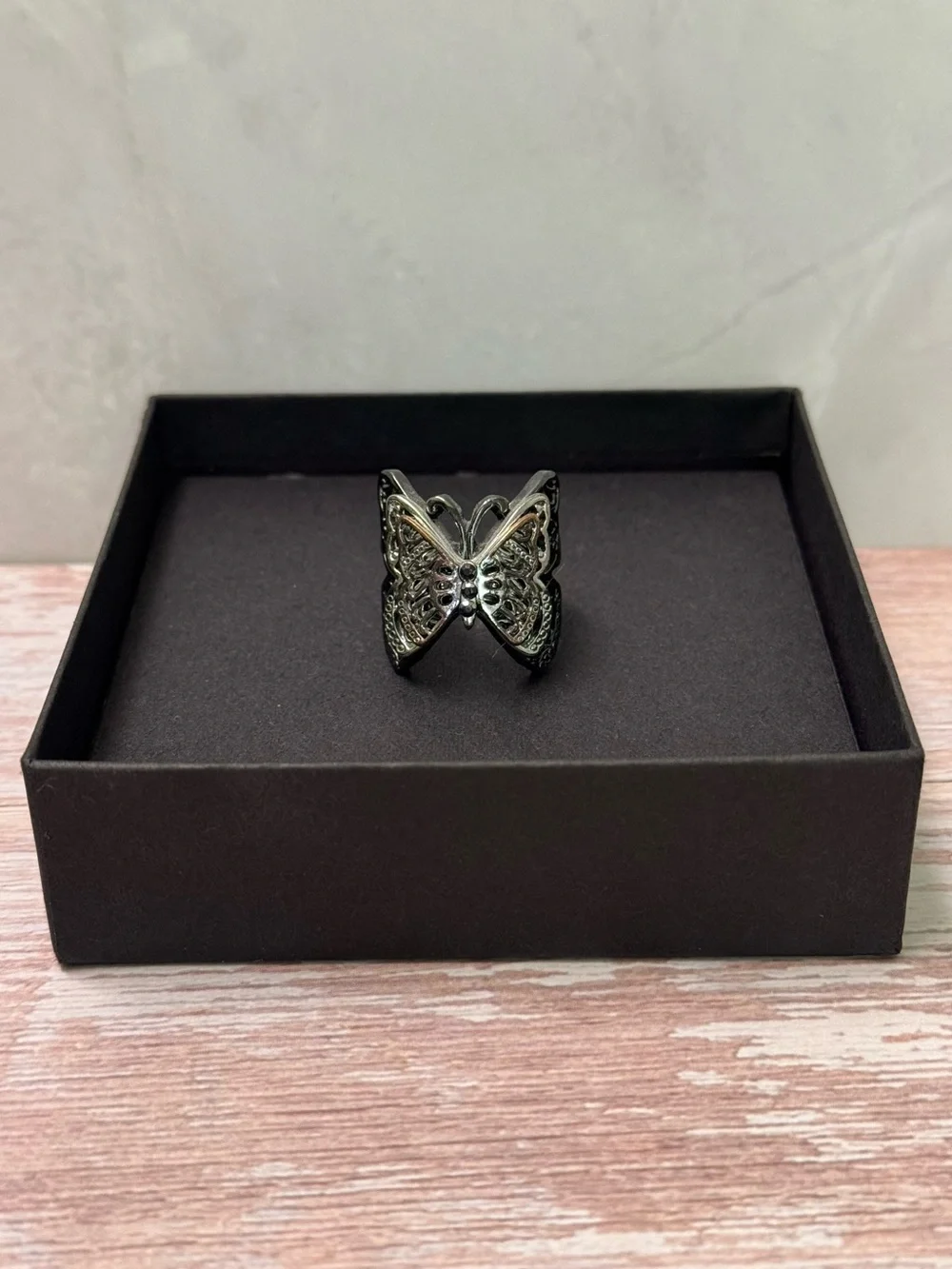 Vintage Inspired Multi Color Metal Butterfly Ring wt Black Faux Gems Size 7.5